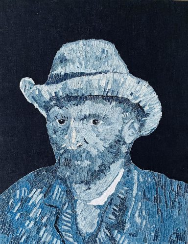 Vincent van Gogh, schilderij van snippers van oude spijkerbroeken, ook wel denimkunst genoemd. Spijkerstof, Denim.