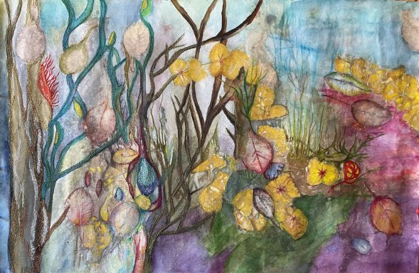 Kleurvolle abstracte tekening met bloemen en golvende lijnen in verschillende tinten.