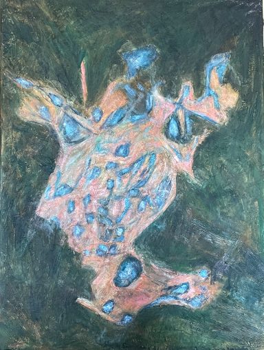 Archipel. Abstract kunstwerk met organische vormen in blauwe en roze tinten op een groene achtergrond.