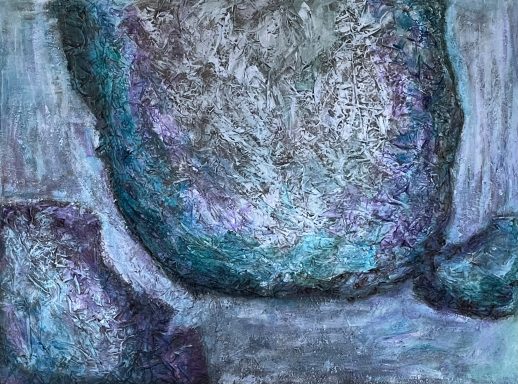 Rotsvast Abstract schilderij met blauwe en paarse tinten, met textuur en grote, ronde vormen.